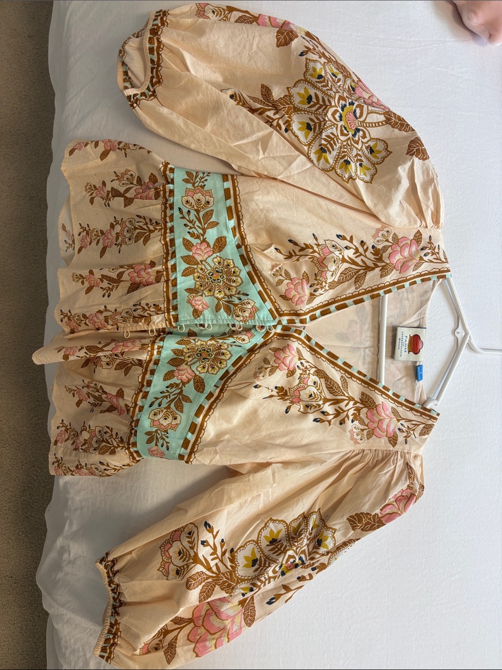 FARM RIO X Anthro Blouse in Cream with Pink & Aqua Accents